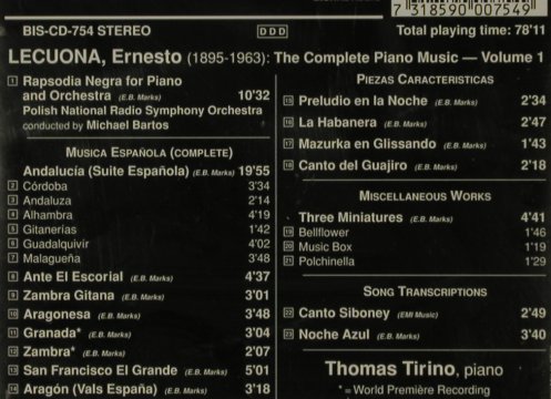 Lecuona,Ernesto: The Complete Piano Music Vol.1, BIS(BIS-CD-754), A, 1995 - CD - 81632 - 7,50 Euro