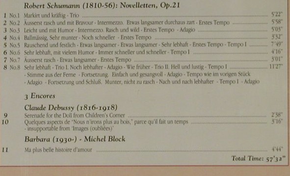 Schumann,Robert - Debussy: Novelletten op.21, 3 Encores, Pro Arte (PPR 2245 14), CDN, 1996 Typ: CD Best.-Nr.: 81683 Preis: 10,00 Euro