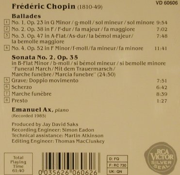 Chopin,Frederic: 4 Balladen, Klaviersonate Nr.2, RCA(VD 60606), D, 1990 - CD - 81684 - 6,00 Euro