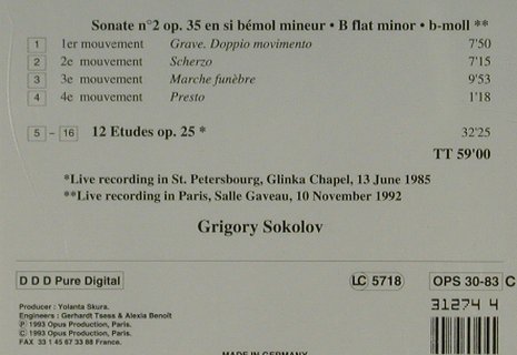 Chopin,Frederic: Sonate no.2 op.35, 12 Etudes op.25, Opus111 (OPS 30-83), F, 1990 Typ: CD Best.-Nr.: 81685 Preis: 10,00 Euro