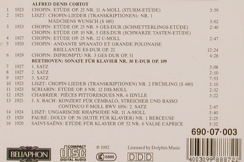Cortot,Alfred: Early Recordings by the pianist, Bellaphon(Condon Coll.) (690 07 003), D, 1992 Typ: CD Best.-Nr.: 81707 Preis: 5,00 Euro