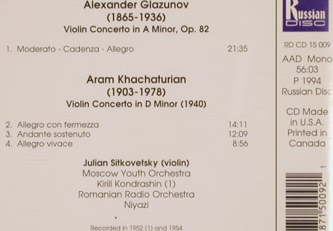 Glazunov,Alexander / Khachaturian: Violin Concerto in a minor, op.82, Rusian Disc(RD CD 15 009), US/CDN, 1994 - CD - 81728 - 10,00 Euro