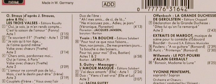 Printemps,Yvonne: Airs et Mélodies-Arias and Songs, EMI Studio (CDM 763164 2), D, Mono, 1988 Typ: CD Best.-Nr.: 81797 Preis: 12,50 Euro