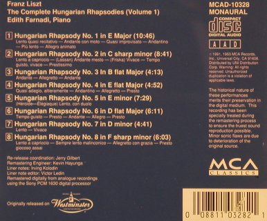 Liszt,Franz: The Complete Hungarian Rhapsodies, MCA, Vol.1(MCAD-10328), US, 1991 - CD - 81799 - 10,00 Euro