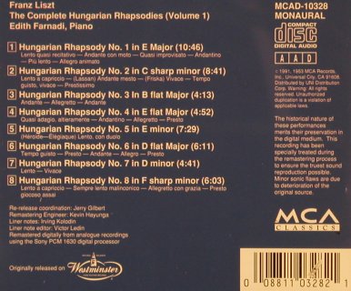Liszt,Franz: The Complete Hungarian Rhapsodies, MCA, Vol.1 (MCAD-10328), US, 1991 Typ: CD Best.-Nr.: 81799 Preis: 10,00 Euro