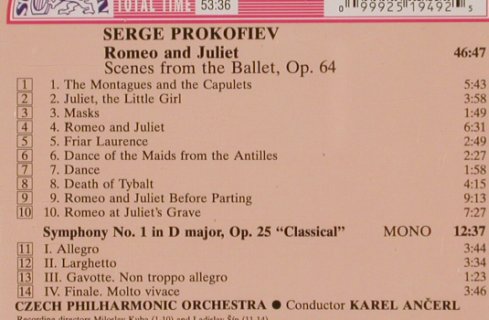 Prokofiev,Serge: Romeo and Juliet,op.64, Symph.Nr.1, Supraphon (11 1949-2), CZ Typ: CD Best.-Nr.: 81831 Preis: 12,50 Euro