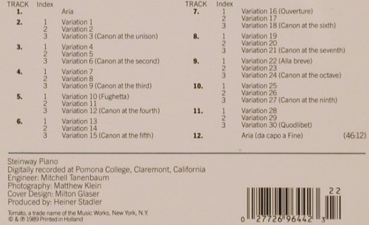 Bach,Johann Sebastian: The Goldberg Variations, Tomato (2696442), NL, 1989 Typ: CD Best.-Nr.: 81854 Preis: 7,50 Euro