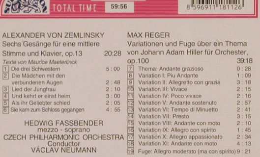 Zemlinsky,Alexander von/Max Reger: Live-6 Gesänge f.e.mittlere Stimme, Supraphon (11 1811-2 231), CZ, 1992 Typ: CD Best.-Nr.: 81860 Preis: 10,00 Euro