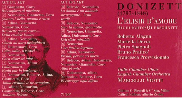 Donizetti,Gaetano: L'Elisir D'Amore(93),highligts,ital, Erato(0630-15731-9), D, 1996 - CD - 81915 - 5,00 Euro