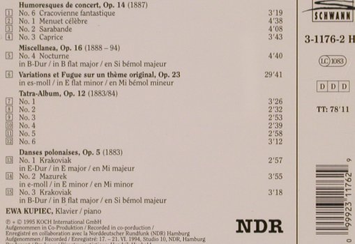 Paderewski,Ignacy Jan: Klavierstücke,op.14, 16, 23, 12, 5, Koch / NDR (3-1176-2), A, 1995 Typ: CD Best.-Nr.: 82022 Preis: 20,00 Euro