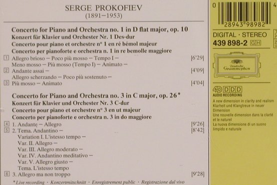 Prokofiev,Serge: Piano Concertos Nos.1&3,op.10,op.26, D.Gr.(439 898-2), D, 1994 - CD - 82125 - 6,00 Euro