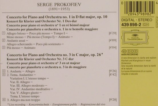 Prokofiev,Serge: Piano Concertos Nos.1&3,op.10,op.26, D.Gr. (439 898-2), D, 1994 Typ: CD Best.-Nr.: 82125 Preis: 6,00 Euro