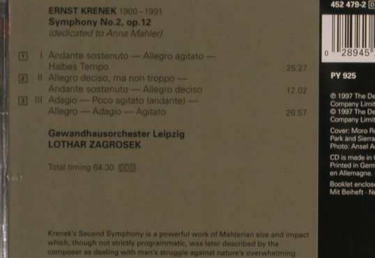 Krenek,Ernst: Symphony No.2,op.12, Decca (452 479-2), D, 1997 Typ: CD Best.-Nr.: 82135 Preis: 10,00 Euro