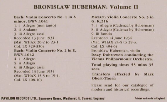 Huberman,Bronislaw: Volume II-Bach Mozart, Pearl(GEMM CD 9341), UK, 1989 - CD - 83733 - 15,00 Euro