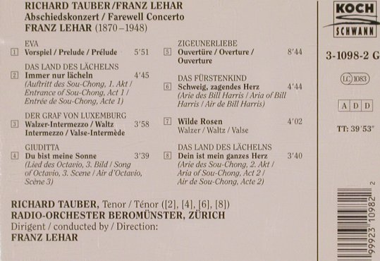 Tauber,Richard / Franz Lehar: Abschiedskonzert, Koch Schwann(3-1098-2), A, 1994 - CD - 83742 - 10,00 Euro