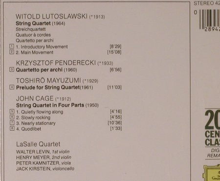 LaSalle Quartet: Lutosslawski,Pender.,Mayuzumi, Cage, D.Gr. Remaster (423 245-2), D,  vg+/m- Typ: CD Best.-Nr.: 84430 Preis: 6,00 Euro