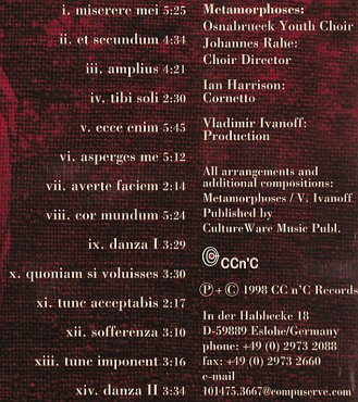Miserere: Metamorphoses- Gregorio Allegri, CCn'C (00382), D, 1998 Typ: CD Best.-Nr.: 90758 Preis: 7,50 Euro