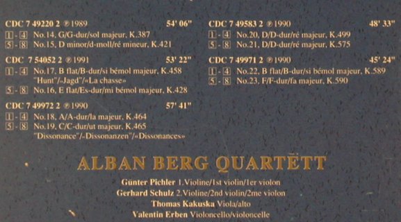 Mozart,Wolfgang Amadeus: Die 10 Gr. Streichquartette, Box, EMI, D, 1991 Typ: 5CD Best.-Nr.: 90968 Preis: 20,00 Euro