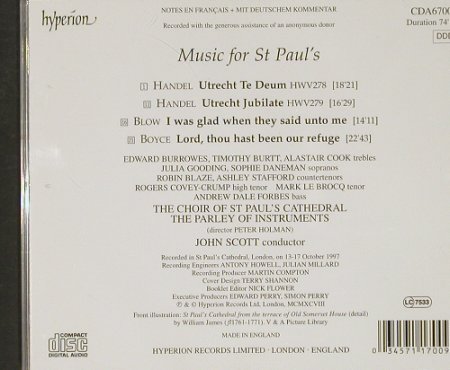 V.A.Music For St.Paul's: Händel, Blow, Boyce, Hyperion (CDA 67009), UK, 1997 Typ: CD Best.-Nr.: 91004 Preis: 10,00 Euro