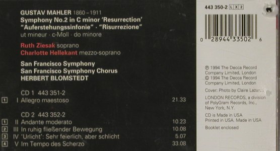Mahler,Gustav: Resurrection, Auferstehung, London, US, co, 94 Typ: 2CD Best.-Nr.: 91089 Preis: 10,00 Euro