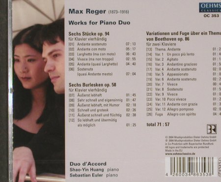 Reger,Max: Works For Piano Duo, Oehms (OC353), EU, 2004 Typ: CD Best.-Nr.: 91345 Preis: 7,50 Euro