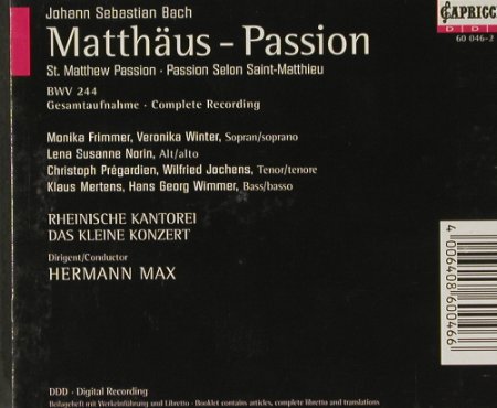 Bach,Johann Sebastian: Matthäus -Passion, Capriccio, D, 1996 Typ: 2CD Best.-Nr.: 91446 Preis: 12,50 Euro
