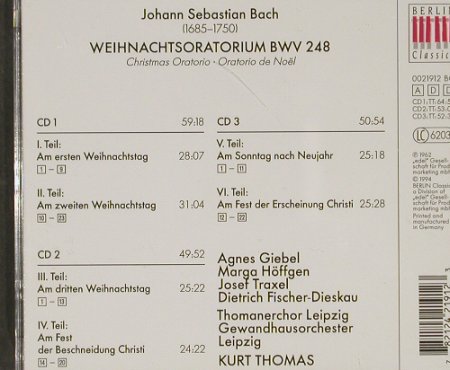 Bach,Johann Sebastian: Weihnachtsoratorium, Berlin Classics, D, 1994 Typ: 3CD Best.-Nr.: 91448 Preis: 11,50 Euro