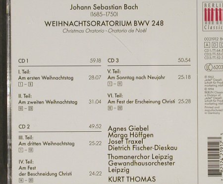 Bach,Johann Sebastian: Weihnachtsoratorium, Berlin Classics(), D, 1994 - 3CD - 91448 - 11,50 Euro