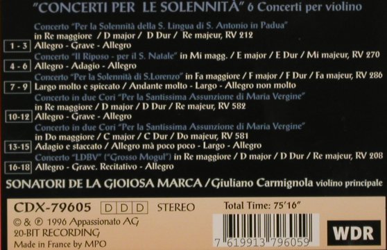 Vivaldi,Antonio: 6 Concerti Per Le Solennità, Digi, Divox (CDX 79605), F, 1996 Typ: CD Best.-Nr.: 91449 Preis: 12,50 Euro