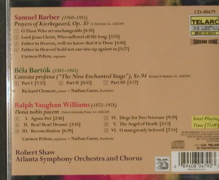 Barber,Samuel/Bartók,R.V.Williams: Prayers of Kierkegaard, op.30, Telarc, US, 1998 Typ: CD Best.-Nr.: 91584 Preis: 10,00 Euro