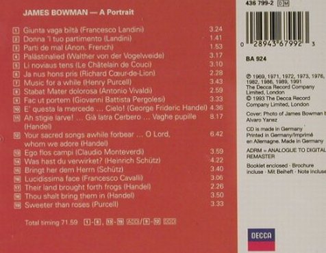 Bowman,James: A Portrait, Decca(), D, 1993 - CD - 91638 - 7,50 Euro