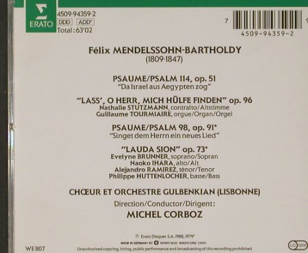 Mendelssohn Bartholdy,Felix: Psalmen Nr.98&114, Lauda Sion, Erato, D Typ: CD Best.-Nr.: 91672 Preis: 7,50 Euro