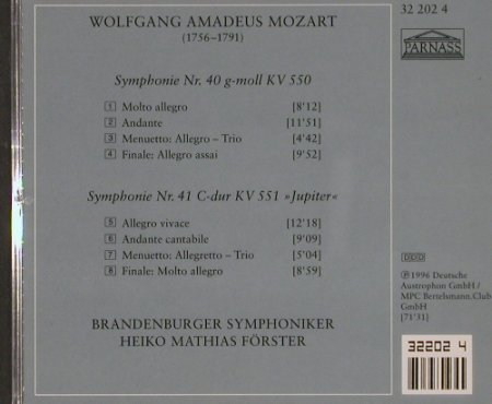 Mozart,Wolfgang Amadeus: Symphonie Nr. 40 & 41 - Jupiter, Parnass(32 202 4), D, 1996 - CD - 91686 - 7,50 Euro