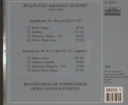 Mozart,Wolfgang Amadeus: Symphonie Nr. 40 & 41 - Jupiter, Parnass (32 202 4), D, 1996 Typ: CD Best.-Nr.: 91686 Preis: 7,50 Euro