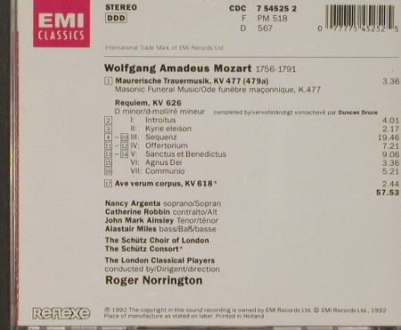 Mozart,Wolfgang Amadeus: Requiem KV 477,Maurischer Trauerm., EMI, NL, 1992 Typ: CD Best.-Nr.: 91762 Preis: 10,00 Euro