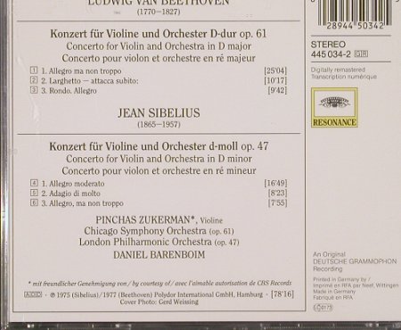 Beethoven,Ludwig van / Sibelius: Violinkonzerte d-dur op.61 / op.47, D.Gr. Resonance(445 034-2), D, 1977 - CD - 91789 - 5,00 Euro