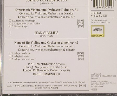 Beethoven,Ludwig van / Sibelius: Violinkonzerte d-dur op.61 / op.47, D.Gr. Resonance (445 034-2), D, 1977 Typ: CD Best.-Nr.: 91789 Preis: 5,00 Euro