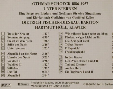 Schoeck,Othmar: Unter Sternen, Claves (50-8606), CH, 1986 Typ: CD Best.-Nr.: 92012 Preis: 12,50 Euro