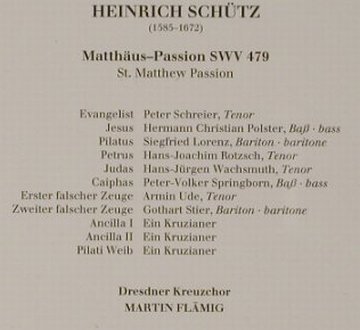 Schütz,Heinrich: Matthäus-Passion SWV 479, Berlin Classics, D, 1997 Typ: CD Best.-Nr.: 92032 Preis: 6,00 Euro