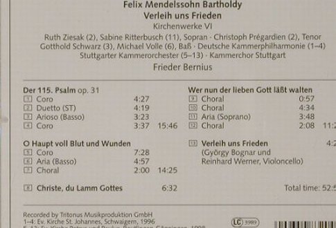 Mendelssohn Bartholdy,Felix: Verleih uns Frieden,Kirchenw. VI, Carus, D, 99 Typ: CD Best.-Nr.: 92036 Preis: 7,50 Euro