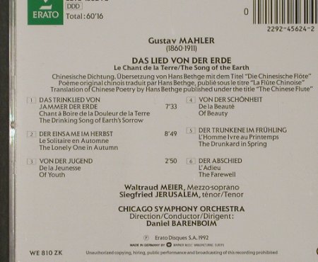 Mahler,Gustav: Das Lied von der Erde, Erato, D, 1992 Typ: CD Best.-Nr.: 92049 Preis: 7,50 Euro