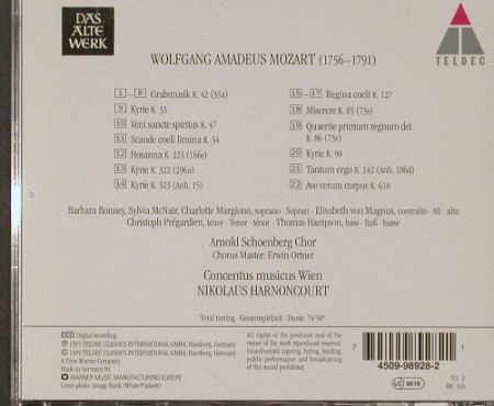 Mozart,Wolfgang Amadeus: Grabmusik,K.42-ReginaCoeli K127.618, Teldec, D, 1995 Typ: CD Best.-Nr.: 92135 Preis: 9,00 Euro