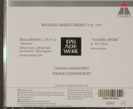 Mozart,Wolfgang Amadeus: Missa Solemnis-K139, K.165, Teldec, D, 1994 Typ: CD Best.-Nr.: 92136 Preis: 9,00 Euro