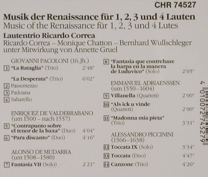V.A.Musik der Renaissance: Für 1,2,3 und 4 Lauten, Christophorus (CHR 74527), D, 1987 Typ: CD Best.-Nr.: 92144 Preis: 10,00 Euro