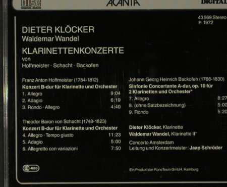 Klöcker,Dieter: Klarinetten Konzerte, Acanta (43 569), D, 1972 Typ: CD Best.-Nr.: 92658 Preis: 7,50 Euro