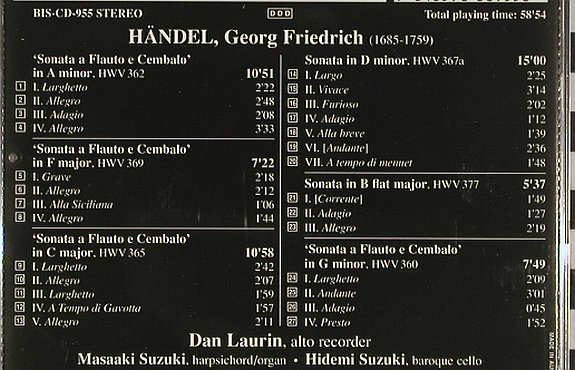 Händel,Georg Friedrich: The Recorder Sonatas, BIS(CD-955), A, 1999 - CD - 92720 - 10,00 Euro