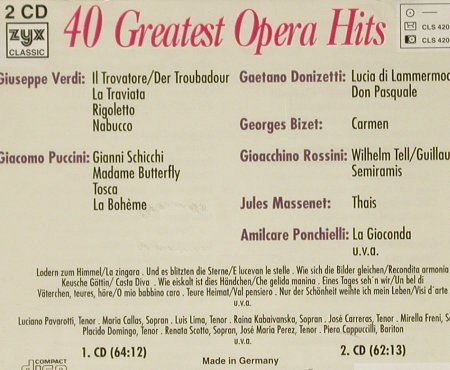 V.A.40 Greatest Opera Hits: Pavarotti...Renata Scotto, ZYX(CLS 4203-2), D, 1993 - 2CD - 93124 - 5,00 Euro