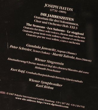 Haydn,Joseph: Die Jahreszeiten'67, Karl Böhm, Deutsche Gramophon(), D,  - 2CD - 93375 - 10,00 Euro