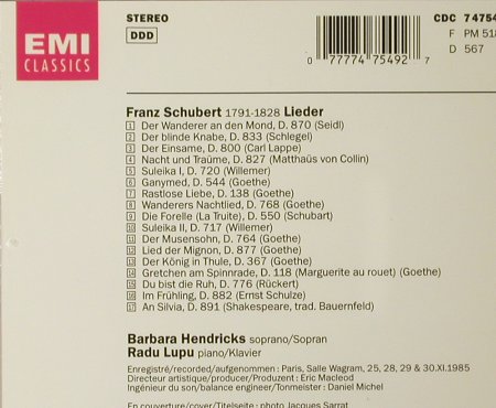Schubert,Franz: Lieder, B.Hendricks,Radu Lupu, EMI, F, 1986 Typ: CD Best.-Nr.: 93466 Preis: 10,00 Euro
