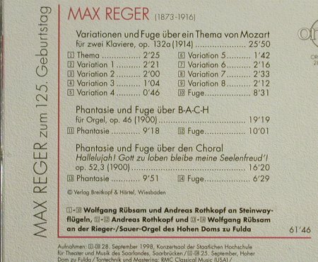 Reger,Max: Zum 125.Geburtstag-Rübsam,Rothkopf, Organ/Wergo, D, 1998 Typ: CD Best.-Nr.: 94304 Preis: 5,00 Euro